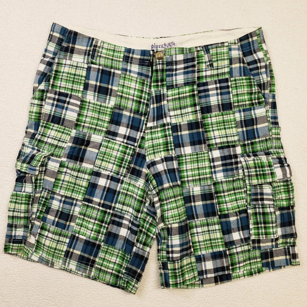 Plugg Cargo Shorts Mens 40 Green Blue Patchwork Plaid Madras Cotton Casual